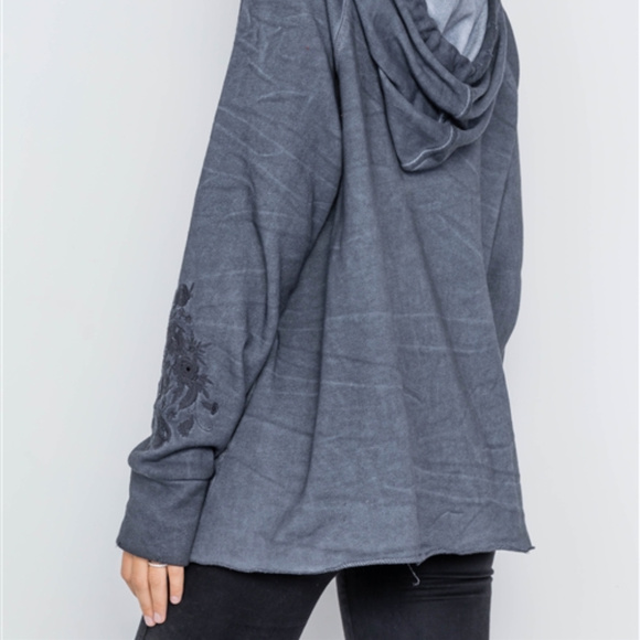 Washed Navy Embroidery Long Distressed Hoodie - Picture 4 of 8